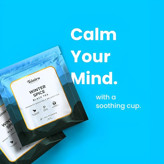 Teaniru, Winter Spice Tea - 100 Pyramid Tea Bags, Individual Sachets | Sleepytime | Black Tea with Spices - Cinnamon, Cardamom & Ginger | Pure Leaf Tea - Brew Hot or Cold - Bloomnest