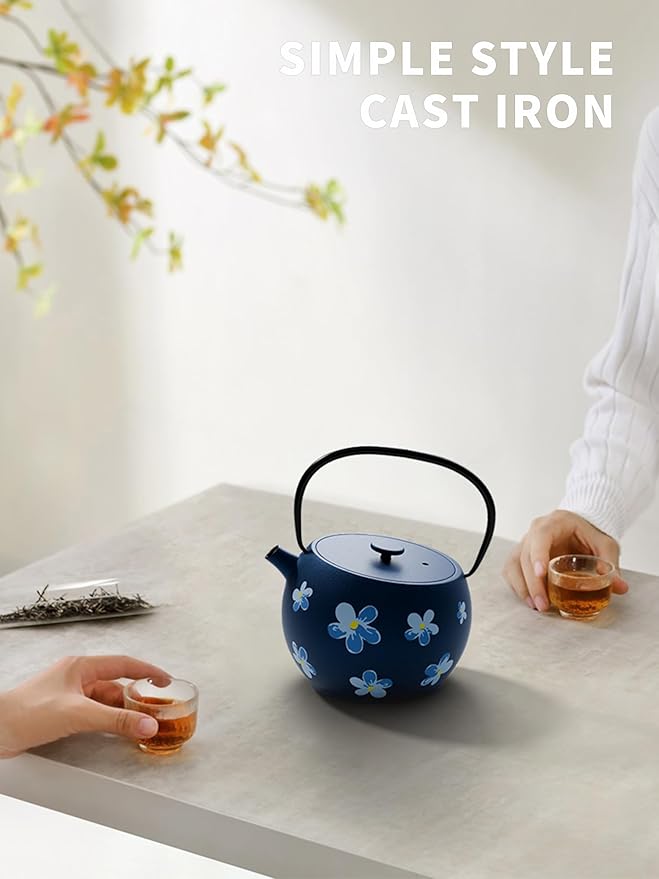 Toptier Teapot with Removable Infuser, Cast Iron Tea Kettle Stovetop Safe, Solid Geometry Ball Design Tea Pot Coated with Enameled Interior for 32 Ounce (950 ml), Navy Flower - Bloomnest