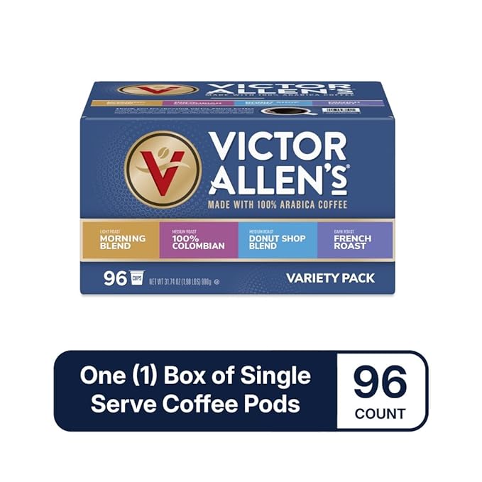 Victor Allen's Coffee Variety Pack (Morning Blend, 100% Colombian, Donut Shop Blend, and French Roast), 96 Count, Single Serve Coffee Pods for Keurig K-Cup Brewers - Bloomnest
