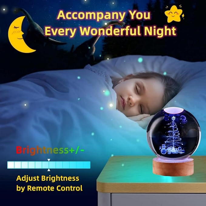 Christmas Crystal Ball lamp,3.15 inch K9 3D Christmas Tree Night Light with Wooden Base,Christmas Gift for Friends,Christmas Decorations,16 Colors Change with Remote Control (G) - Bloomnest