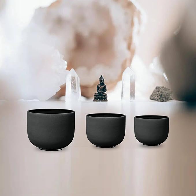 8-12 Inch Set of 3 Black Quartz Crystal Singing Bowl Chakra Set with Free Carrying Case and Suede Sticker & O-ring - Bloomnest