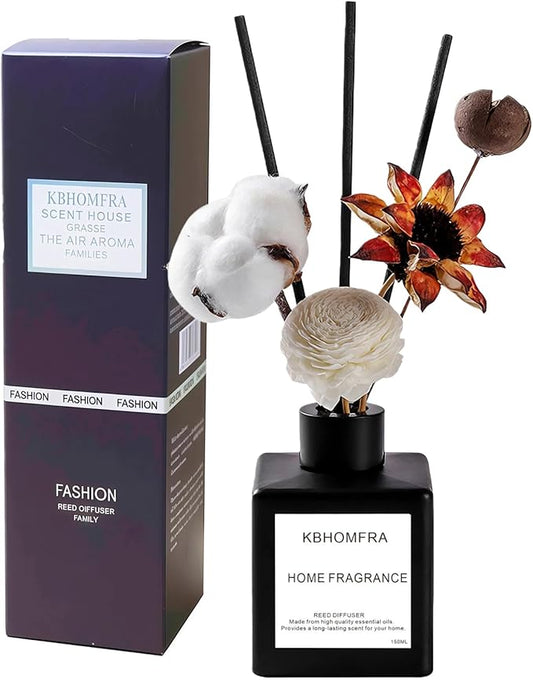 Reed Diffuser Set with Dried Flowers, Jasmine Gardenia Sandalwood Scent, Black Glass Bottle, 5.07fl oz, Aromatherapy Home Fragrance for Bedroom Bathroom (Lime Basil Citrus) - Bloomnest