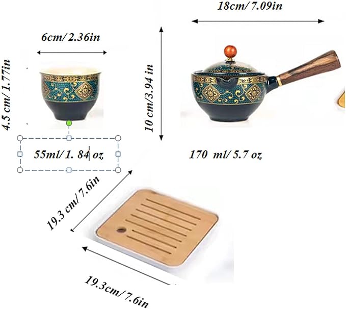 Ceramic Portable Travel Tea Set, Chinese Kungfu Tea Set with 360 Rotation Teapot and Infuser, 4 Tea Cups, Tea Tray And Travel Bag (Floral Blue)