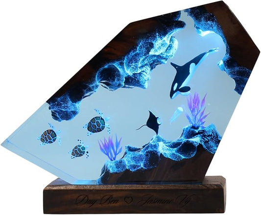 Handmade 3D Ocean Resin Lamp, Epoxy Ocean Night Light with Wooden Base, LED Color Changing Table Lamp, USB Powered Dragons Decor, Unique Ocean Gift for Bedroom & Home Office (Orca Whale) - Bloomnest