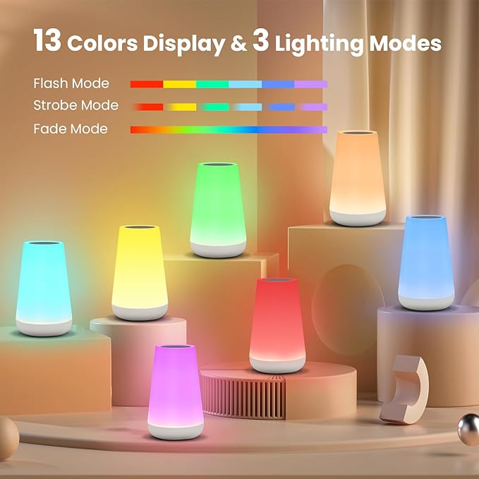 THAUSDAS Night Light, Dimmable Touch Lamp for Bedroom, Portable Table Bedside Lamp, 5 Brightness 13 RGB Colors, Night Lights for Baby Nursery Bathroom - Bloomnest