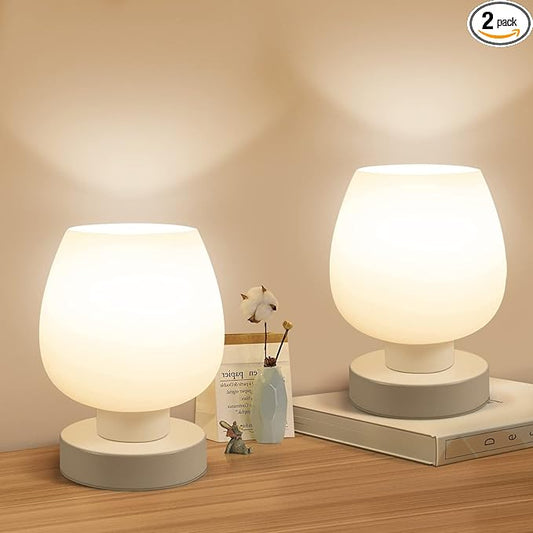 Touch Bedside Table Lamp Set of 2 - Small Modern Table Lamp for Bedroom Living Room Nightstand, 3-Way Dimable Desk lamp with White Opal Glass Lamp Shade, 2700K LED Bulb, Simple Design Home Decor - Bloomnest