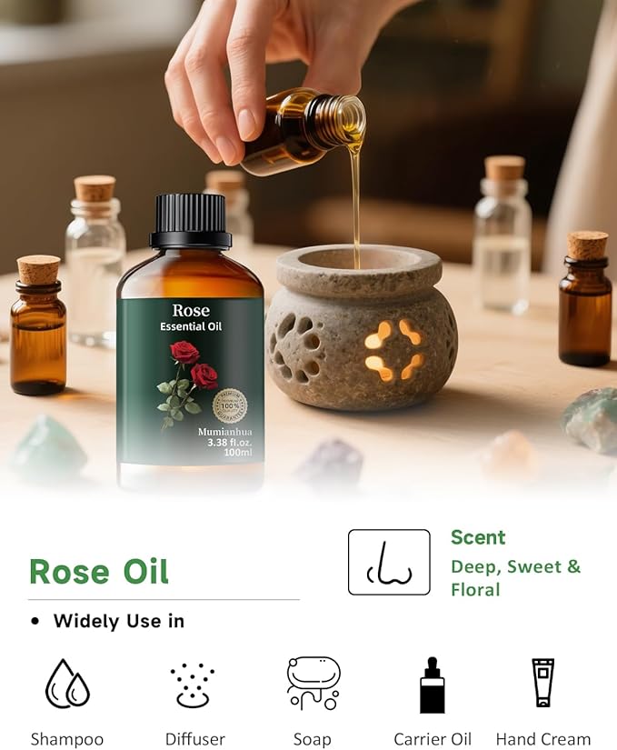Pure Rose Essential Oil, Mumianhua Natural Rose Oil for Skin, Hair, Reed Diffuser, Air Purifier, Room Spray,Candle Making, Laundry, Relaxation, Evening Wellness, Romantic Atmosphere 3.38 Fl Oz - Bloomnest