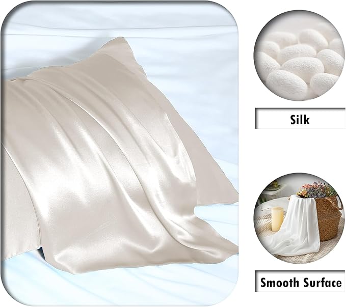 Silk Pillow Cases 2 Pack,Soft Breathable and Sliky Queen Size Pillow Cases Set of 2,Natural Mulberry Silk Pillowcase Set of 2 for Hair and Skin with Hidden Zipper (Beige,20"X 30",2pcs) - Bloomnest
