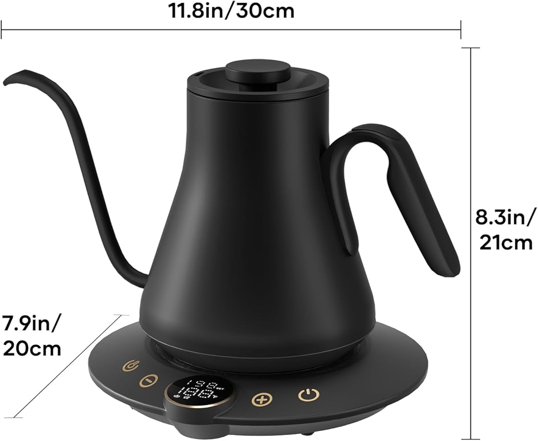 Gooseneck Electric Kettle with ±1℉ Temperature Control for Pour Over Coffee & Tea, Quick Heating, BPA-Free Stainless Steel, Built-in Brew Timer, 1500W/0.9L (Ebony Black) - Bloomnest