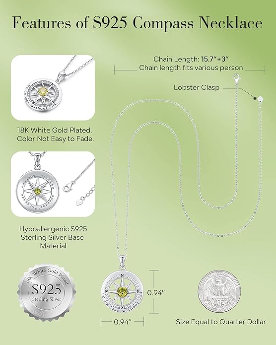 S925 Necklace Gift for Wife |Compass Jewelry |Women Anniversary |Sterling Silver |Girlfriend Birthday Gifts for Her Valentines |I'd be Lost without You |Jewel 18K Gold - Bloomnest