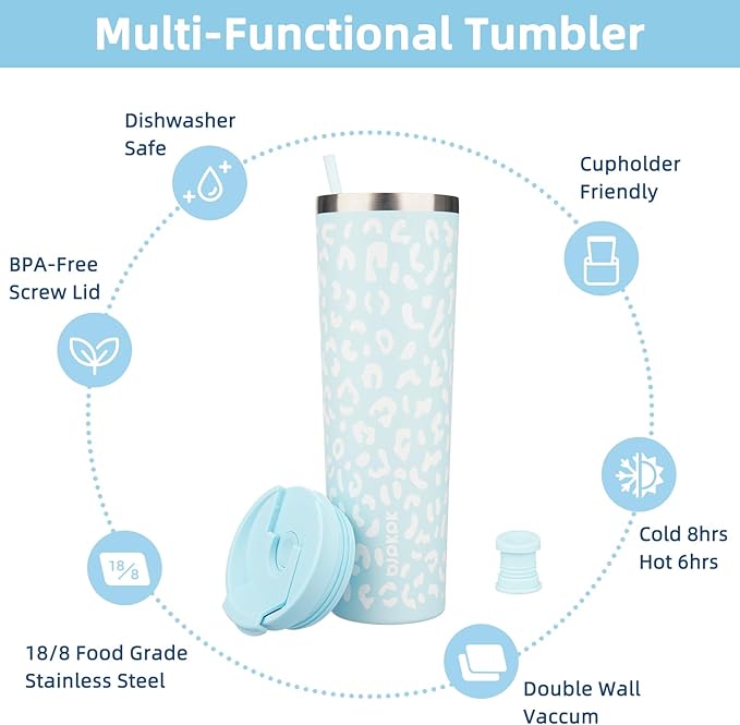BJPKPK 34oz Tumbler With lid And Straw Stainless Steel Travel Coffee Mug Insulated Tumblers Cups,Light Blue Leopard - Bloomnest