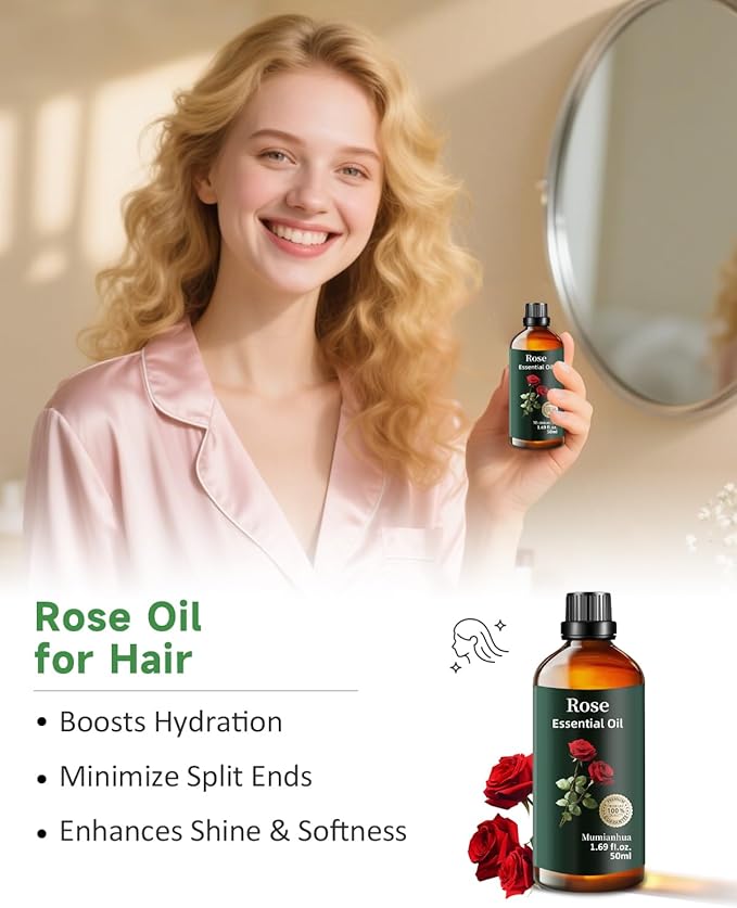 Pure Rose Essential Oil, Mumianhua Natural Rose Oil for Reed Diffuser, Air Freshener, Aromatherapy, Relaxation, Skin,Hair, Cologne, Candles Making, Evening Wellness, Romantic Atmosphere 1.69 Fl Oz - Bloomnest