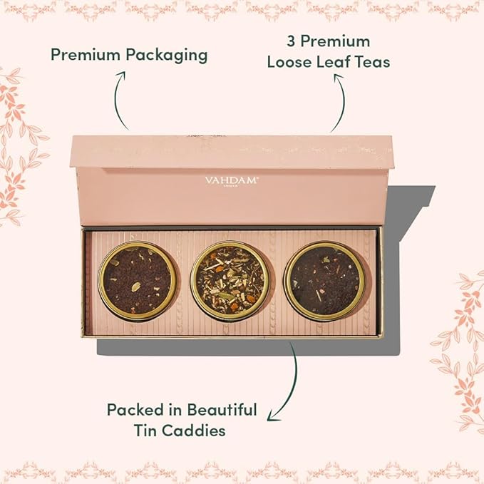 VAHDAM, BLUSH - Assorted Christmas Tea Gift Set for Women (3 Premium Teas) Tin Caddy Presentation Box | Loose Leaf Teas | Gluten Free & Non GMO | Gifts for Her - Bloomnest