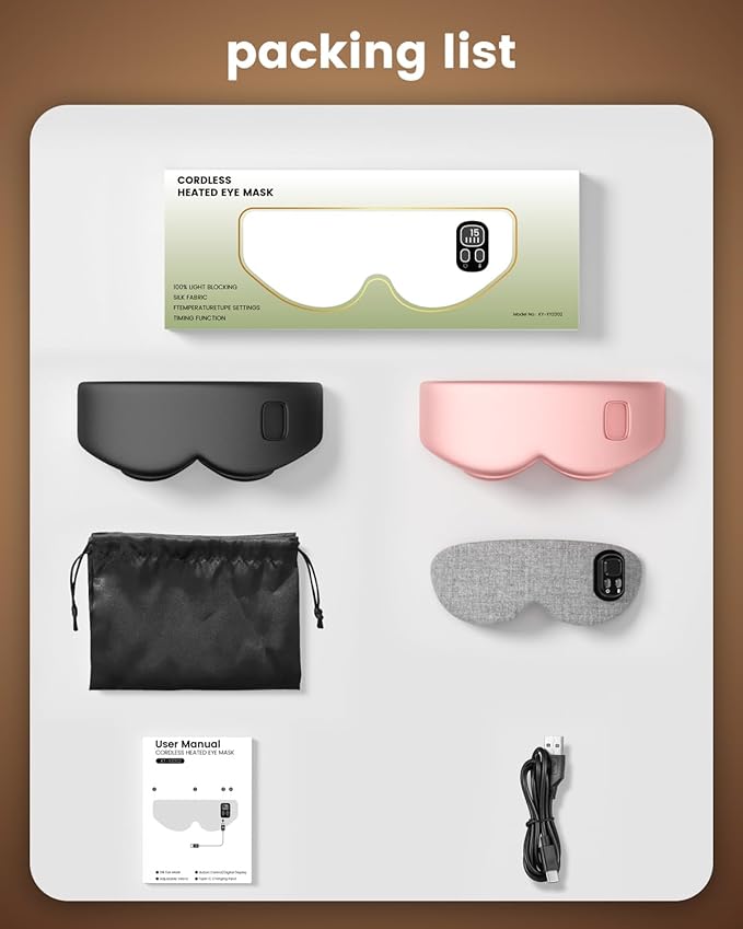 Heated Eye Mask - Cordless Eye Mask for Dry Eyes - Eye Heating Pad with LED Display, Eye Relief, 4 Temperature, Improved Sleep, Travel, Office, Includes Removable and Washable Shells Black and Pink