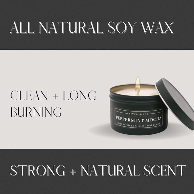 River Birch Candles Peppermint Mocha Scented Candle | Premium, All-Natural, Non-Toxic, Soy Candles | 8 oz. Black Matte Tin Travel Candle | Cozy Relaxing Gifts for Home - Bloomnest