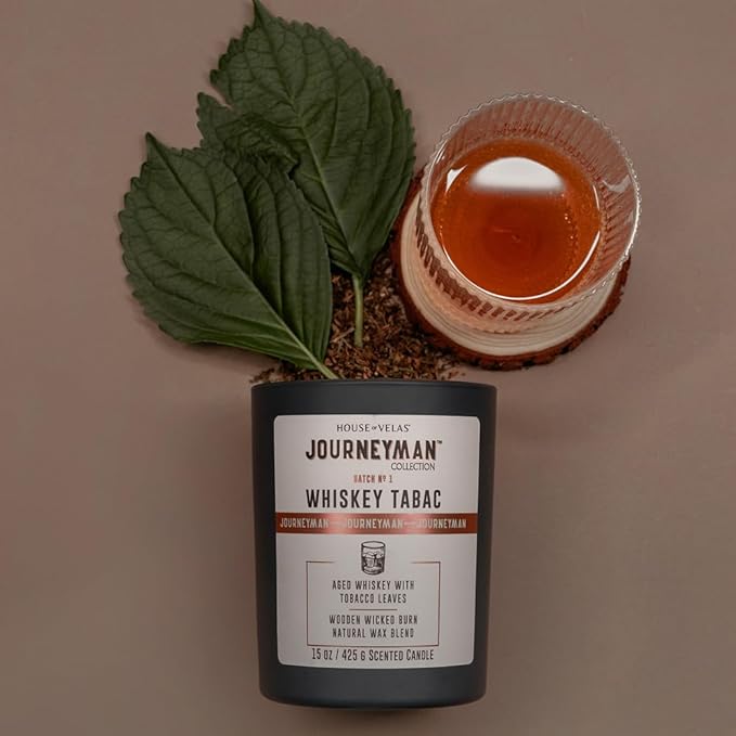 Journeyman Collection Candle, 15oz, Wooden Wick, Whiskey Tabac, Large Painted Jar - Bloomnest