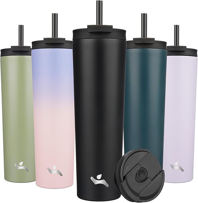 34 OZ Insulated Tumbler with Lid and 2 Straws Stainless Steel Water Bottle Vacuum Travel Mug Coffee Cup,Black - Bloomnest