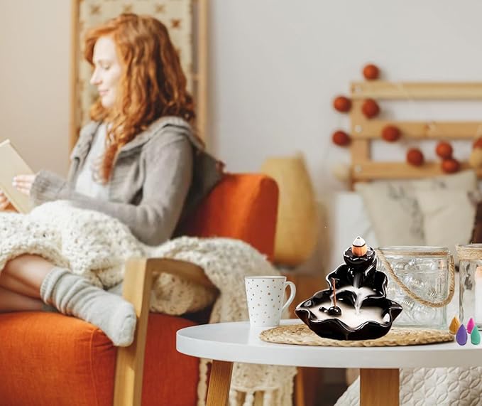 Waterfall Incense Burner, Lotus Backflow Incense Holder Ceramic Censer Cones Sticks Porcelain Holder with 10 Free Mixed Aromatherapy Cones