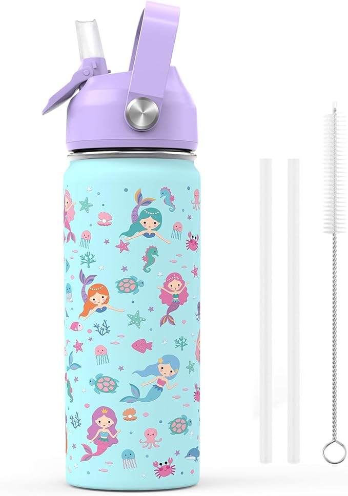 18oz Kids Insulated Water Bottle with Straw Lid - 18/8 Stainless Steel Kid Cup BPA-FREE Tumbler Double Wall Vacuum Leak Proof Portable Toddler Water Bottle for School (Purple Mermaid) - Bloomnest