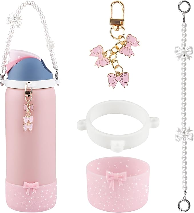 Water Bottle Accessories Set for Owala FreeSip 24oz、32 oz– Includes Pearl Handle Strap, Bow Charms,2.9in .3inch Silicone Bling Boot for Owala Accessories for Women Bloomnest
