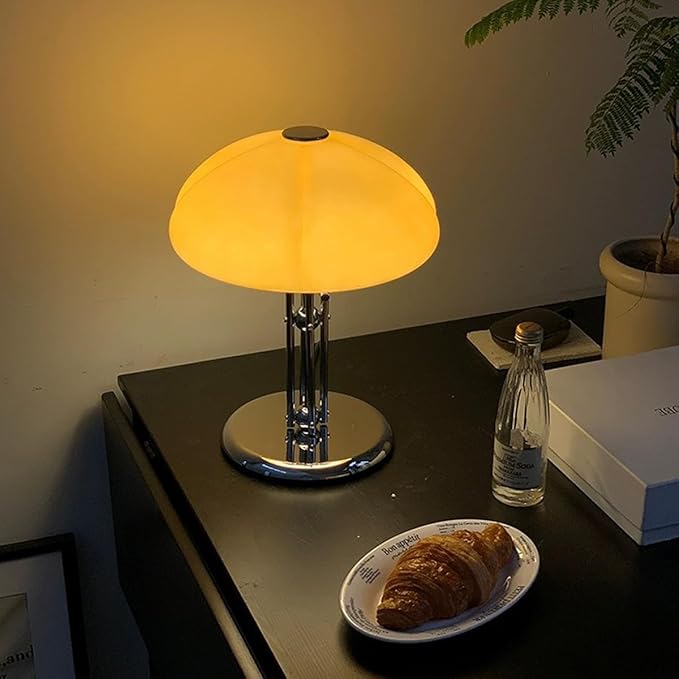 Mushroom Table Lamp with Caramel Lampshade,Art Deco Glass Desk Light with Chrome Base,Dimmable Small Nightstand Lamp,Mid Century Table Light for Living Room Bedroom - Bloomnest