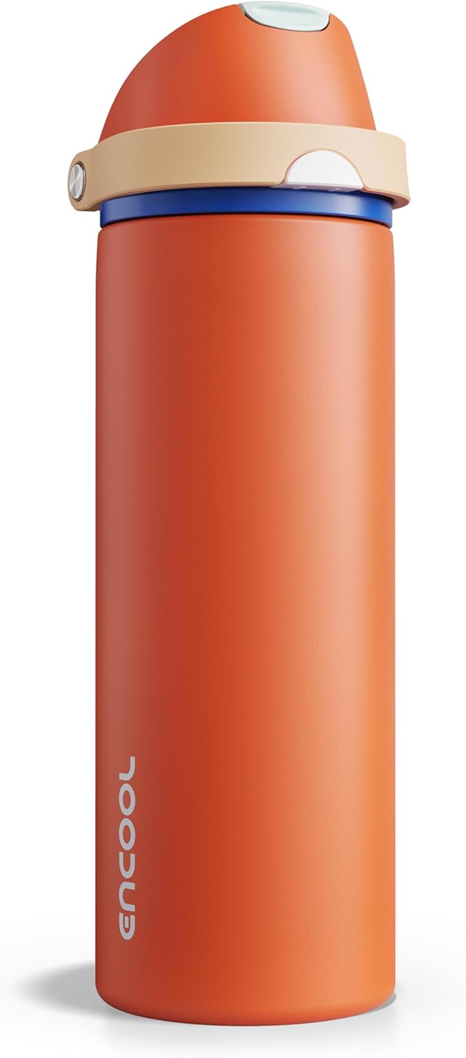 Insulated Water Bottle with Straw - Encool Stainless Steel Water Bottle with Push Button Lid, Leak-Proof & BPA-Free, Keeps Cold for 24 Hours for Sports, Travel, Gym (24 oz, Salmon) ENCOOL