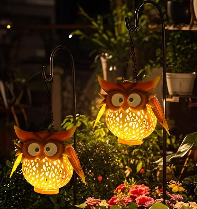 Starsoul 2 Pack Owl Hanging Solar Lanterns Waterproof Solar Garden Lights Outdoor Decorative Metal Owl Lamp Decor for Patio Yard Table - Bloomnest