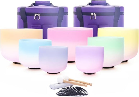 Hye-eun 432 hz Crystal Singing Bowl 7-12 Inch Set of 7 PCS Rainbow Gradient Frosted Quartz Crystal Chakra Singing Bowls with Carry Case Bag for Sound Healing and Therapy Meditation - Bloomnest