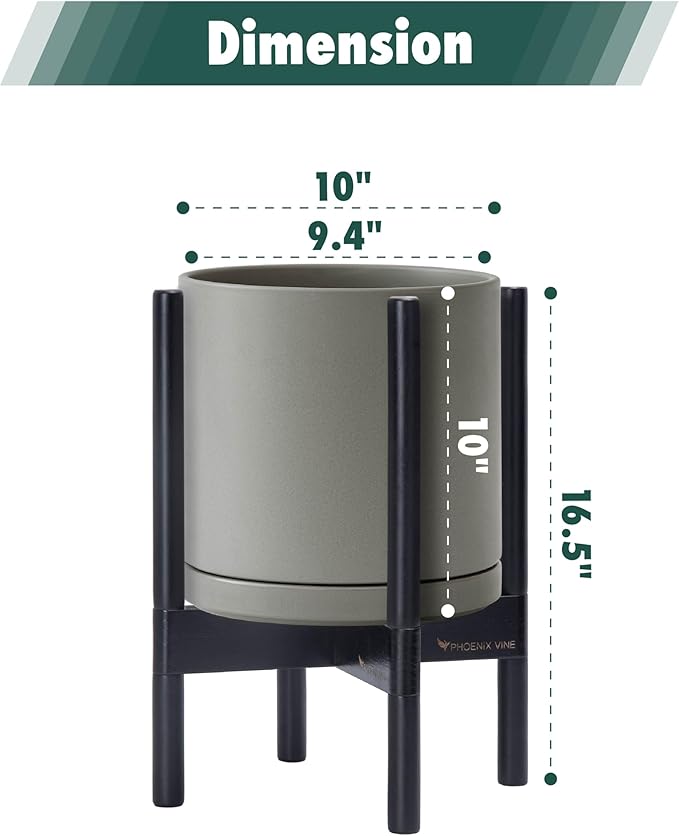 D'vine Dev Ceramic Planter with Ebony Stand - 10 Inch Modern Round Flower Pot with Wood Planter Holder, Grey, 55-B-L-3 - Bloomnest