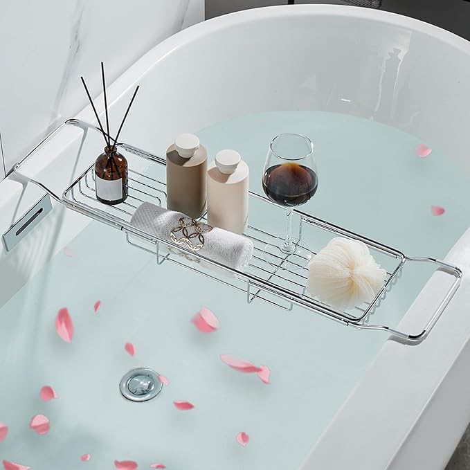 Stainless Steel Bathtub Caddy Tray, Expandable Bath Tub Table, Adjustable Bathroom Tray, Bath Organizer Tub Shelf,Silver,26.8~35.4in - Bloomnest