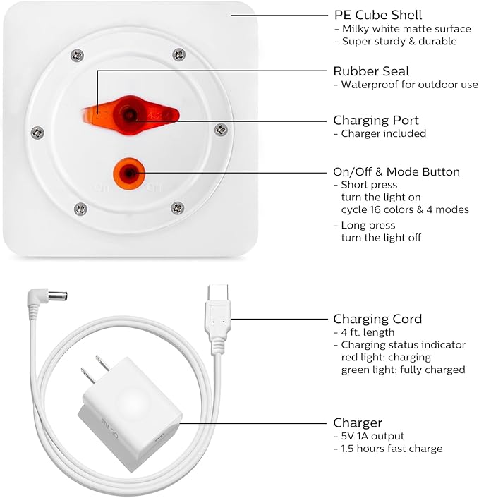 Mr.Go 4-inch Dimmable LED Night Light Mood Lamp for Kids and Adults - 16 RGB Colors - 8 Level Dimming - 4 Lighting Effect - Rechargeable - Remote Control - Decorative, Fun & Safe - White Finish Cube - Bloomnest