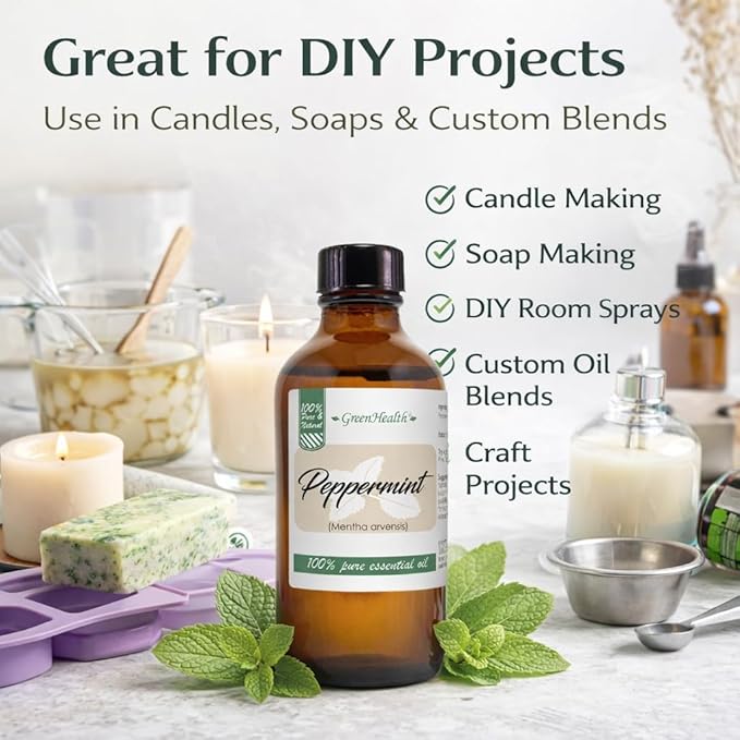 GreenHealth Peppermint Essential Oil 4 fl oz - 100% Pure Essential Oil - Amber Glass Bottle w/Glass Dropper - Fresh Mint Aroma for Diffusers, Candles, Soap Making, DIY Use Greenals