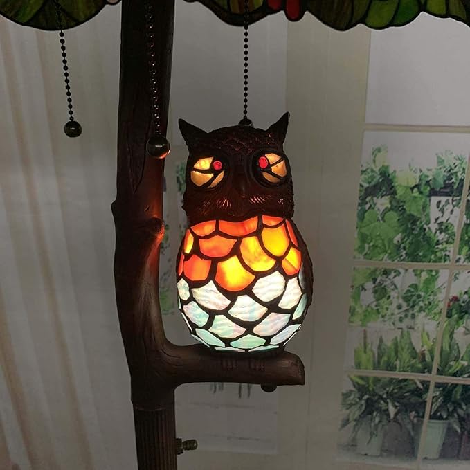 Bieye L10766 Grapes Tiffany Style Stained Glass Double-Lit Floor Lamp with Owl Night Light, 18" Wx65 H - Bloomnest