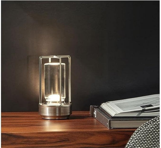 Portable Metal Table Lamp for Indoor/Outdoor ,Rechargeable Cordless LED Lamp, 3-Colour Infinitely Dimming Battery Powered Small Desk Lamp, Restaurant/Bedroom/Bar/Coffee Shop/Camping Light (Silver) - Bloomnest
