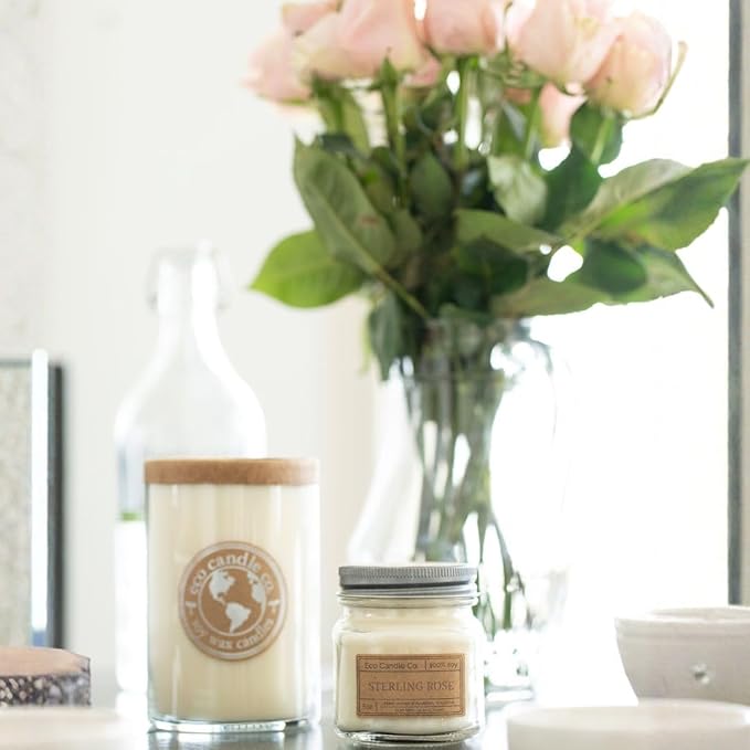 ECO CANDLE CO. Recycled Candle, Sterling Rose, 18 oz. Double Wick - Scents Of Green Notes, Fresh Cut Roses, Floral, & Musk - 100% Soy Wax, No Lead, Kraft Paper Label & Lid, Hand Made, Midwest Soybeans - Bloomnest