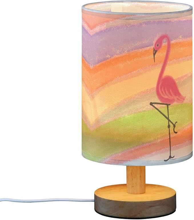 Table Lamp Flamingo on Rainbow Colorful Striped Nightstand Lamp with Wood Base Fabric Lamp Shade Bedside Desk Lamp for Living Room Bedroom Kids Room Office - Bloomnest