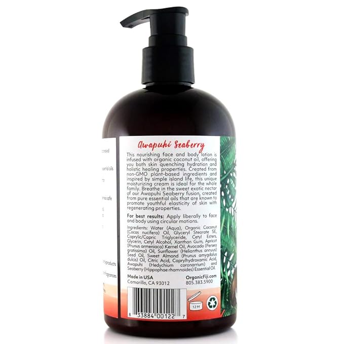 Coco Fiji Face & Body Lotion Infused With Coconut Oil | Lotion for Dry Skin | Moisturizer Face Cream & Massage Lotion for Women & Men | Awapuhi Seaberry 12 oz, Pack of 1 - Bloomnest