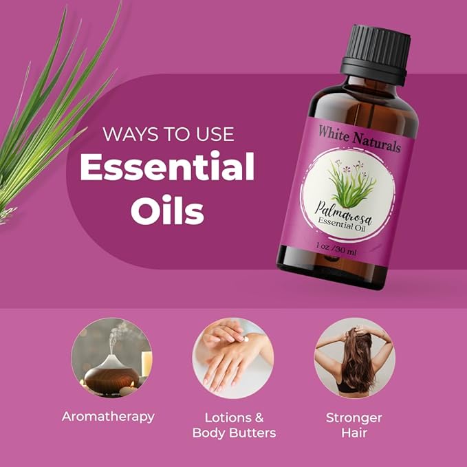 White Naturals Palmarosa Essential Oil – 100% Pure & Natural Palmarosa Oil, Floral & Fresh Aroma, Ideal for Aromatherapy, Skin Care & DIY Beauty, 1oz - Bloomnest
