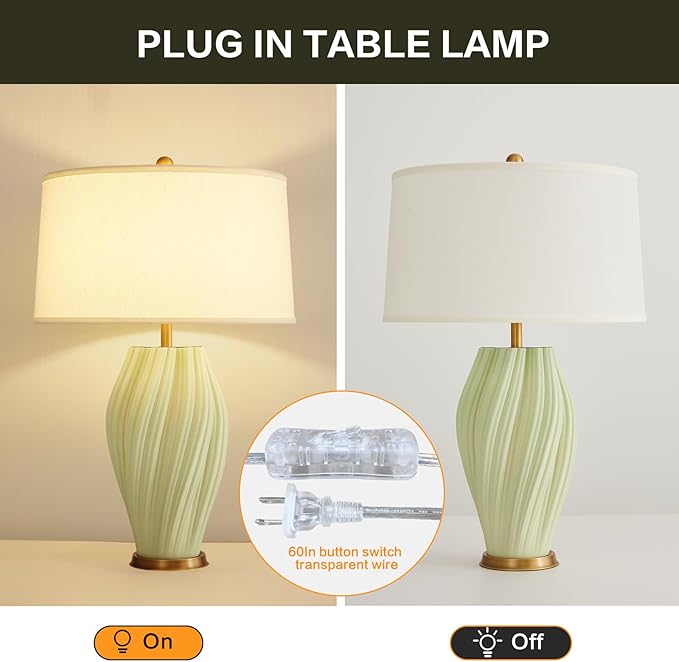 Modern Textured Ceramic Large Table Lamps 26.75", Sage Green Plug in Table Lamp Decor for Living Room Bedroom Bedside Tables Office Desk End - Bloomnest