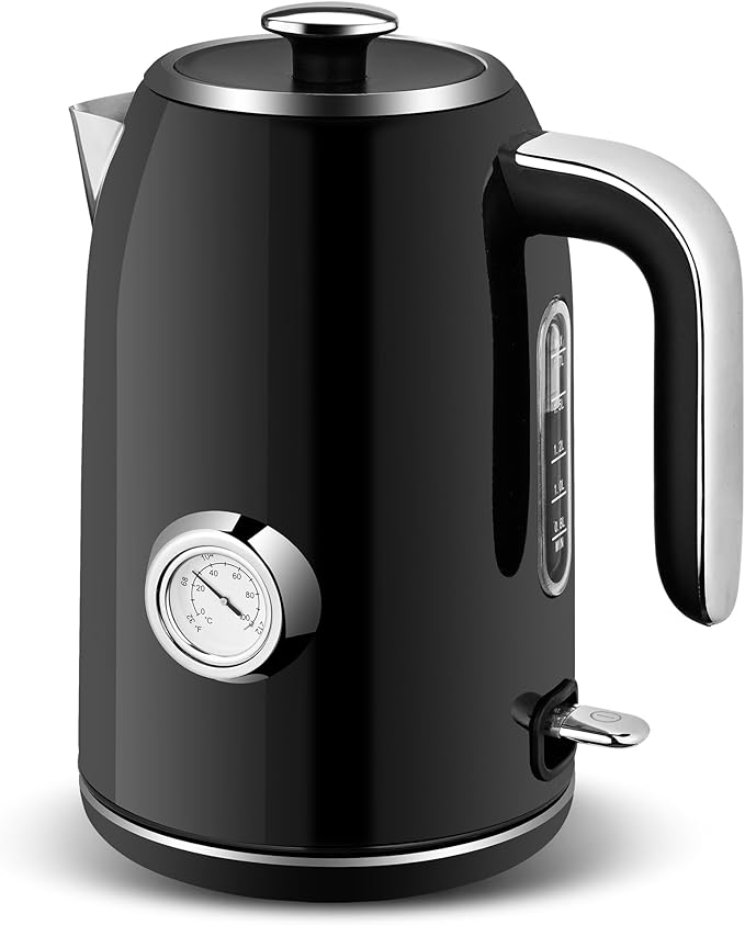 PUKOMC Electric Kettle, 1.7L Stainless Steel Tea Kettle with Temperature Gauge, 1500W Water Boiler with LED Light, BPA-Free, Auto Shut-Off and Boil-Dry Protection (Black) - Bloomnest