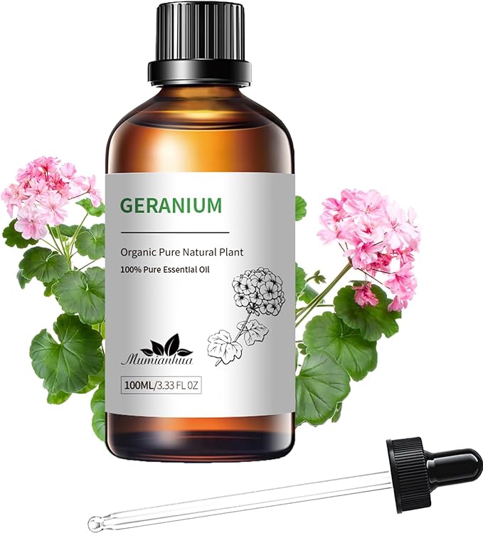 Pure Geranium Essential Oil, Mumianhua Natural Rose Geranium Oil for Reed Diffuser, Air Freshener, Massages,Relaxation, Garden Freshness, Outdoor Ambiance, Skin, Hair, Soap, Candles Making 3.38 Fl oz - Bloomnest