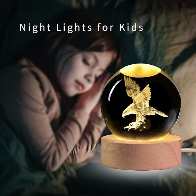 3D Laser Engraved Eagle Crystal Ball, Animal Figurine Decor Glass Sphere Lamp Night Light, Eagle Statue Gifts for Men Women Kids - Bloomnest