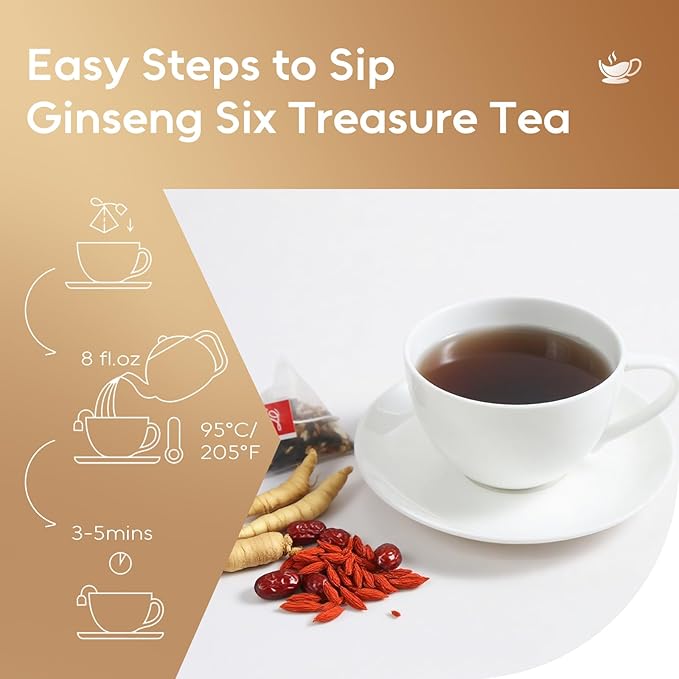 FullChea - Ginseng Six Treasure Tea, 30 Teabags, Traditional Chinese Herbal Blend for Kidney Health, Detox Tea With Ginseng, Mulberry, Huangjing, Maca, Goji Berry, Red Dates, Yam - Support Wellness - Bloomnest