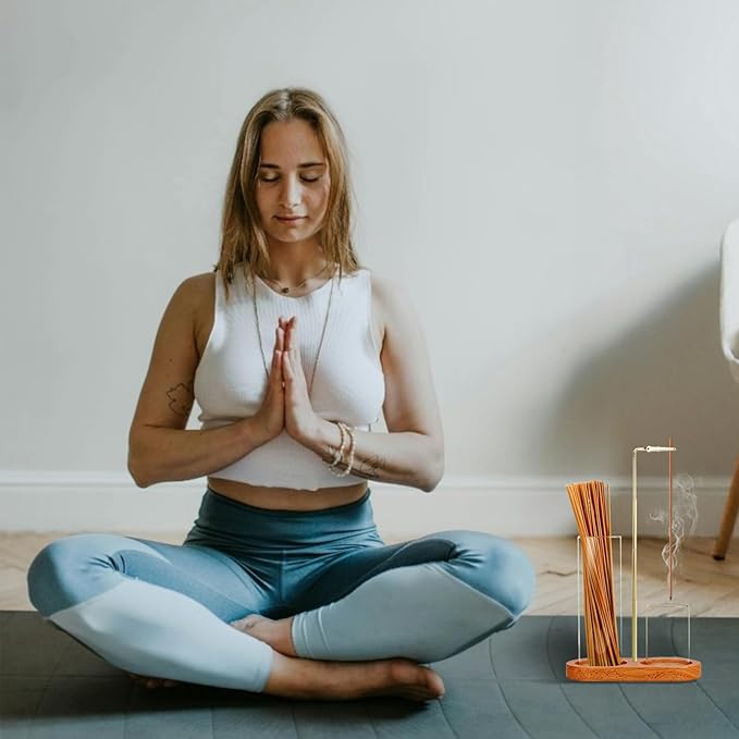 2 in 1 Incense Holder for Sticks(Height Adjustable), Anti-Ash Flying Insence-Sticks Burner with Glass Incense Holder Organizer for Meditation Yoga Spa Home Decor Sage (Golden Metal Rod) - Bloomnest
