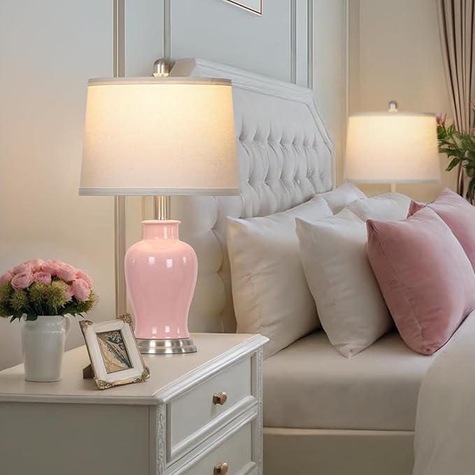 23" Ceramic Table Lamps Set of 2, Modern Ceramic Lamps for Living Room, Cute Bedside Lamps with Ginger Jar Design, Elegant Bedroom Lamps for Nightstand Dining Room Desk Side End Table Home Decor, Pink - Bloomnest