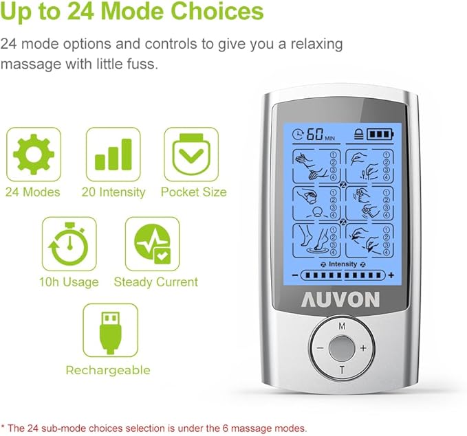 AUVON Rechargeable TENS Unit Muscle Stimulator, 24 Modes 4th Gen TENS Machine with 8pcs 2"x2" Premium Electrode Pads for Pain Relief AUVON