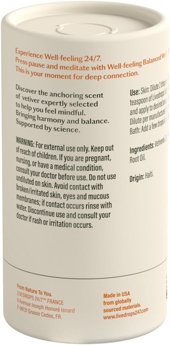 LIVEDROPS 24/7 Balanced Vetiver Essential Oil, Natural Vegan Aromatherapy for Diffuser or Diluted Skin Use, Earthy Woody Scent, Origin Haiti, Made in USA, Clinically Tested, 10ml - Bloomnest