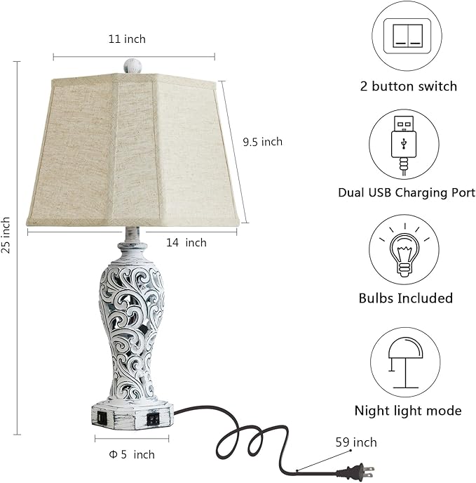 25'' Farmhouse Table Lamps Set of 2 for Living Room Bedroom, 2 USB Ports Rustic Vintage Nightstand Table Lamp with Nightlight, Hollow Out Resin Lamp for End Table (Bulbs Included) - Bloomnest