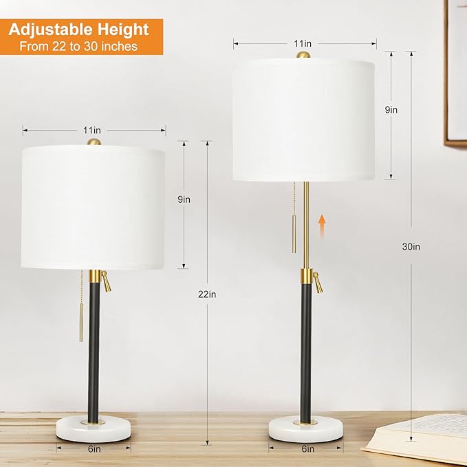 Black and Gold Table Lamps Set of 2: 22" to 30" Height Adjustable Nightstand Lamps with White Linen Shade | Pull Chain Switch | Marble Base - 3 Way Dimmable Beside Lamp for Bedrooms Living Room - Bloomnest