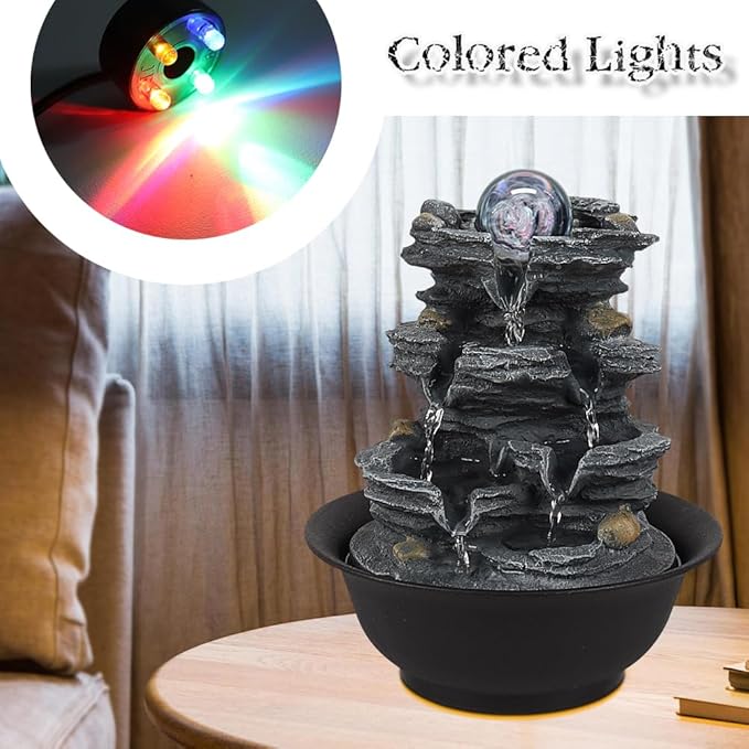 Tabletop Water Indoor Fountain Waterfall Indoor Water Fountains Feng Shui Zen Decorative Desktop Fountain with Colored Led Light and Spinning Ball for Room,Office(Style 1) - Bloomnest